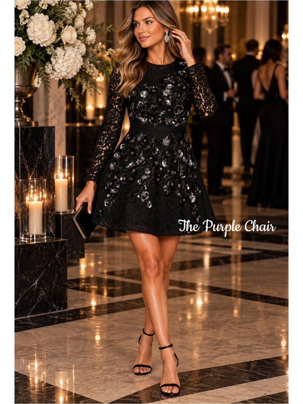 NWT Muse by Marchesa Black Iris Schiffli Lace Beaded Sequin Floral Mini Dress 2